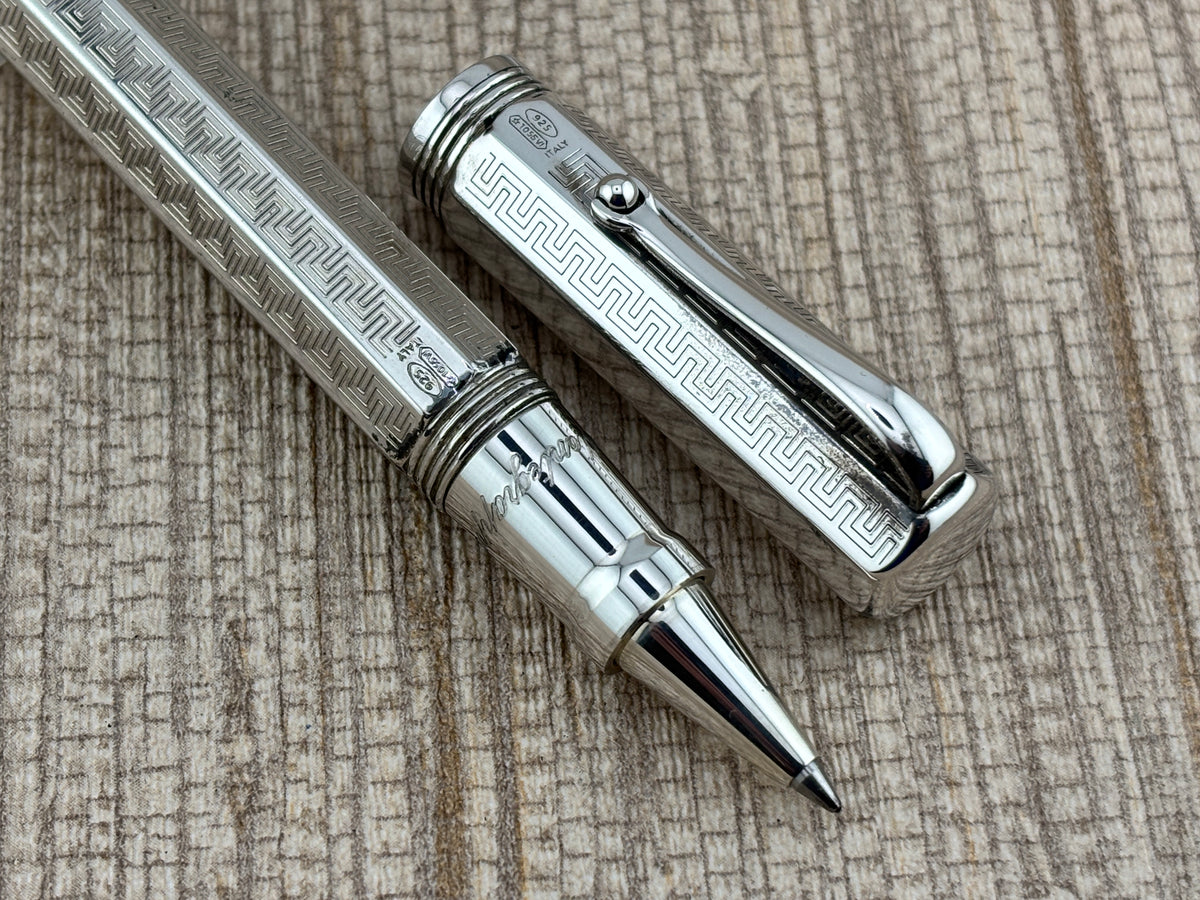Montegrappa Mid-Size Reminiscence Sterling Silver Greek Key Pattern Faceted Rollerball Pen