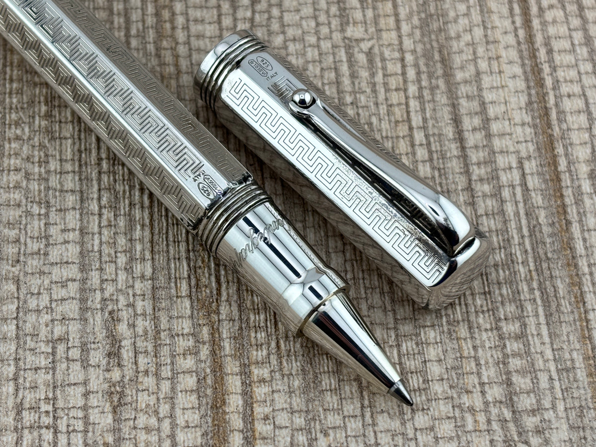 Montegrappa Mid-Size Reminiscence Sterling Silver Greek Key Pattern Faceted Rollerball Pen