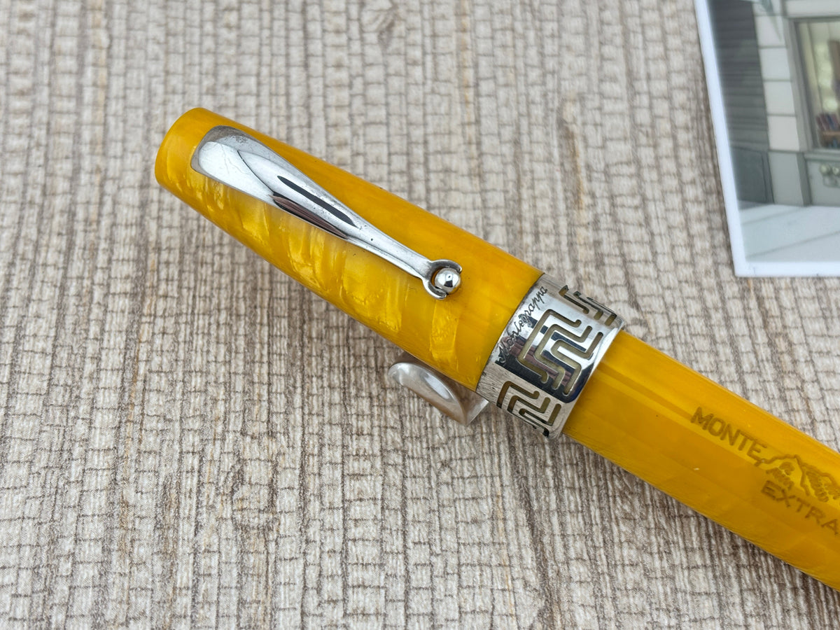 Montegrappa Extra Lustrous Yellow Celluloid Large Gold Nib #8 Fountain Pen - Fine 18kt Gold Nib