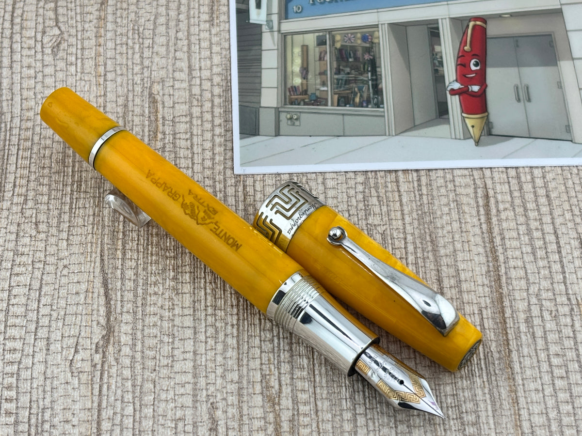 Montegrappa Extra Lustrous Yellow Celluloid Large Gold Nib #8 Fountain Pen - Fine 18kt Gold Nib
