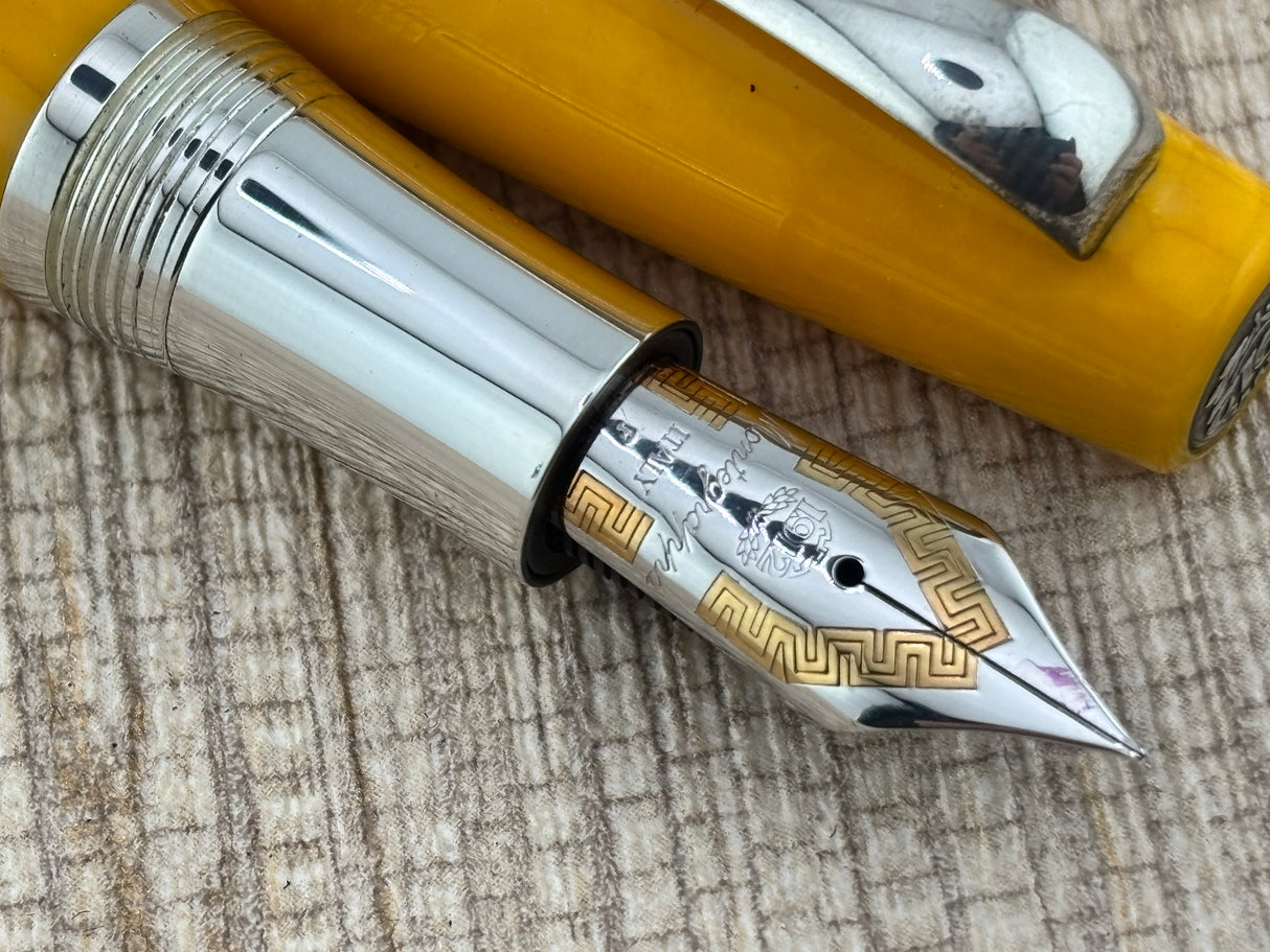 Montegrappa Extra Lustrous Yellow Celluloid Large Gold Nib #8 Fountain Pen - Fine 18kt Gold Nib