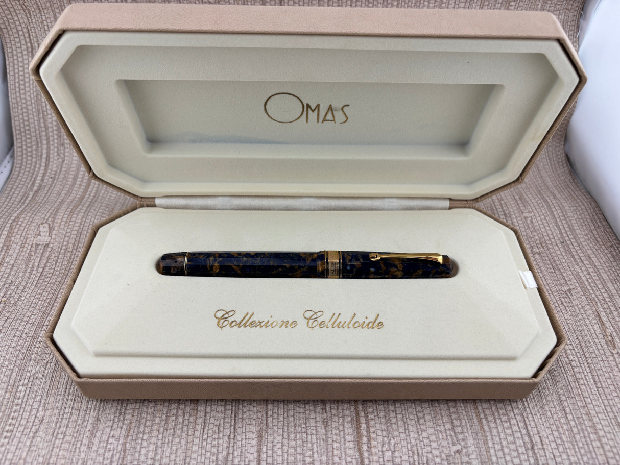 The Original Omas Paragon Celluloid Facetted Blue Saffron (aka Senappe) Mint Fountain Pen (1997) - Medium 18kt Gold Nib