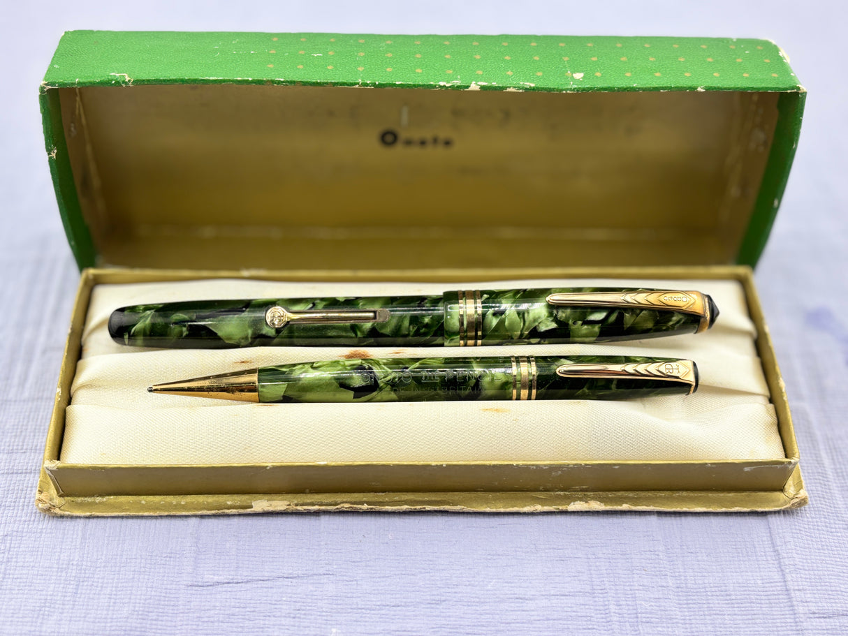 Onoto Delarue Green Celluloid Set boxed - Beautiful color and set Mint !