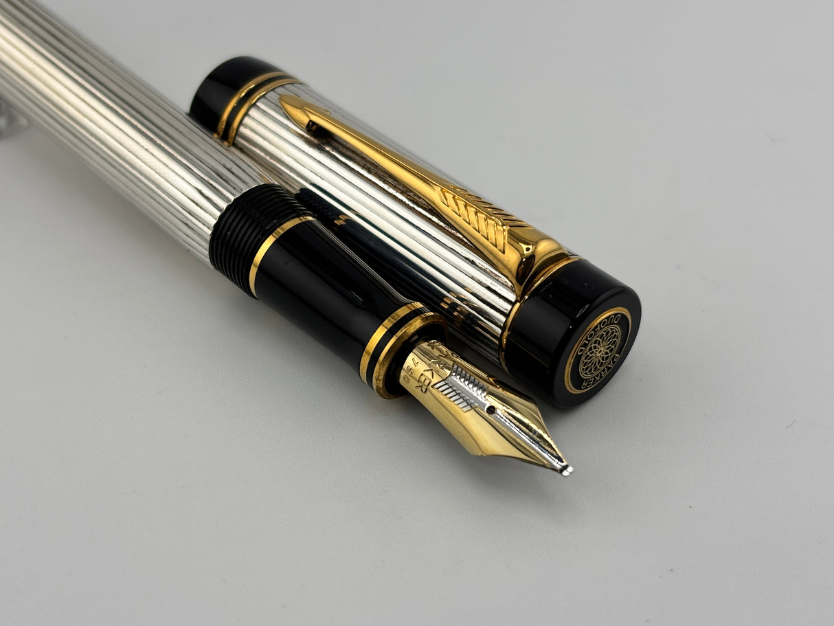 Parker Duofold Centennial (Largest Size) Sterling Silver Fountain Pen - Medium Italic #94 18kt Gold Nib
