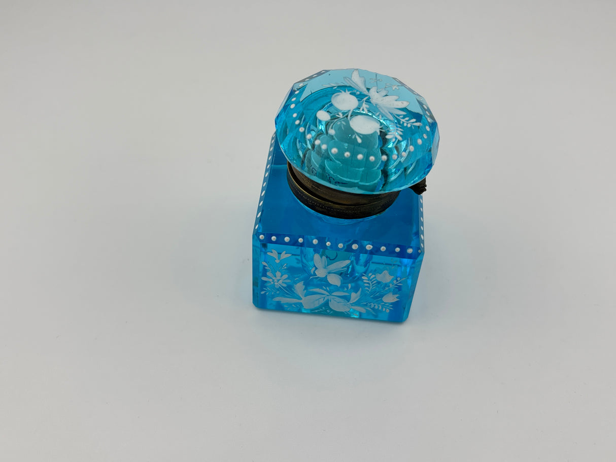 Inkwell Vintage circa 1930 excellent condition - Electric Blue Crystal Enamel Floral Design