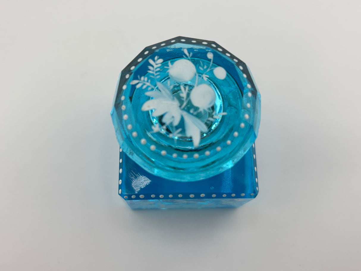 Inkwell Vintage circa 1930 excellent condition - Electric Blue Crystal Enamel Floral Design