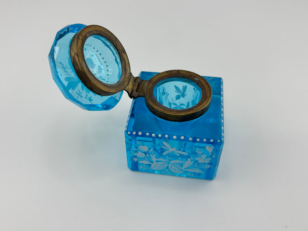 Inkwell Vintage circa 1930 excellent condition - Electric Blue Crystal Enamel Floral Design