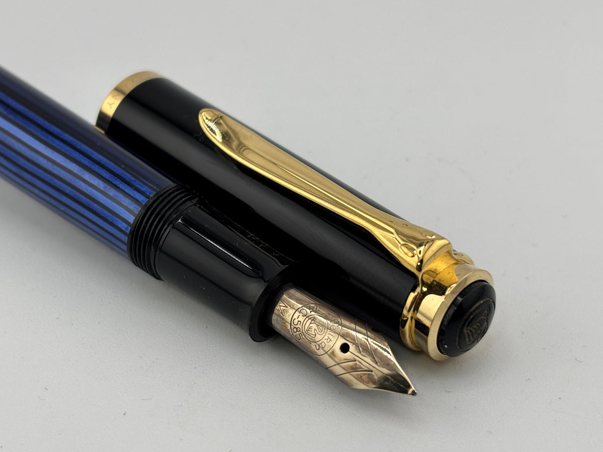 Pelikan M400 Black Cap/Blue Striped Barrel "Early Style" - Medium 14kt Gold Nib