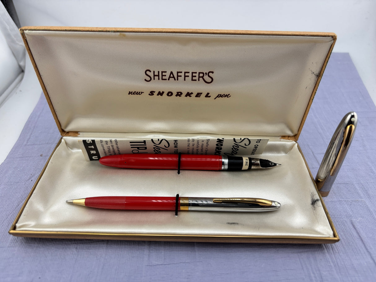 Sheaffer Snorkel set Red Chrome cap - New old stock and boxed