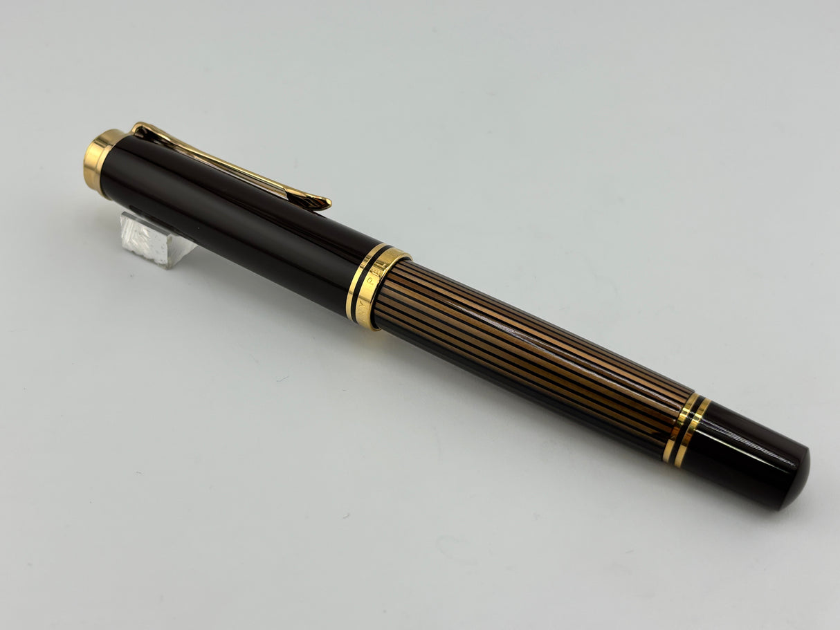 Pelikan M800 Brown Striped Barrel/Solid Brown Cap Fountain Pen - Medium 18kt Gold Nib