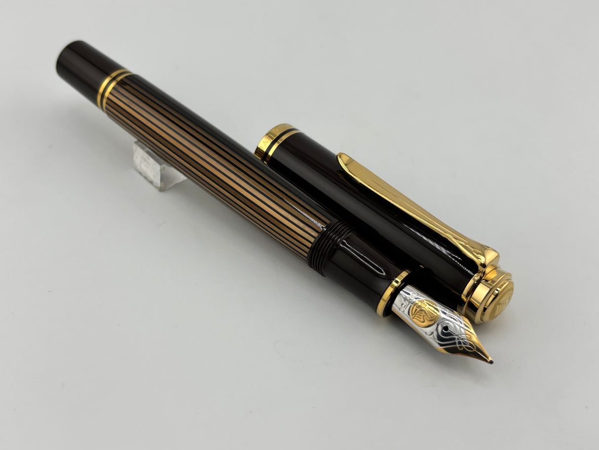 Pelikan M800 Brown Striped Barrel/Solid Brown Cap Fountain Pen - Medium 18kt Gold Nib