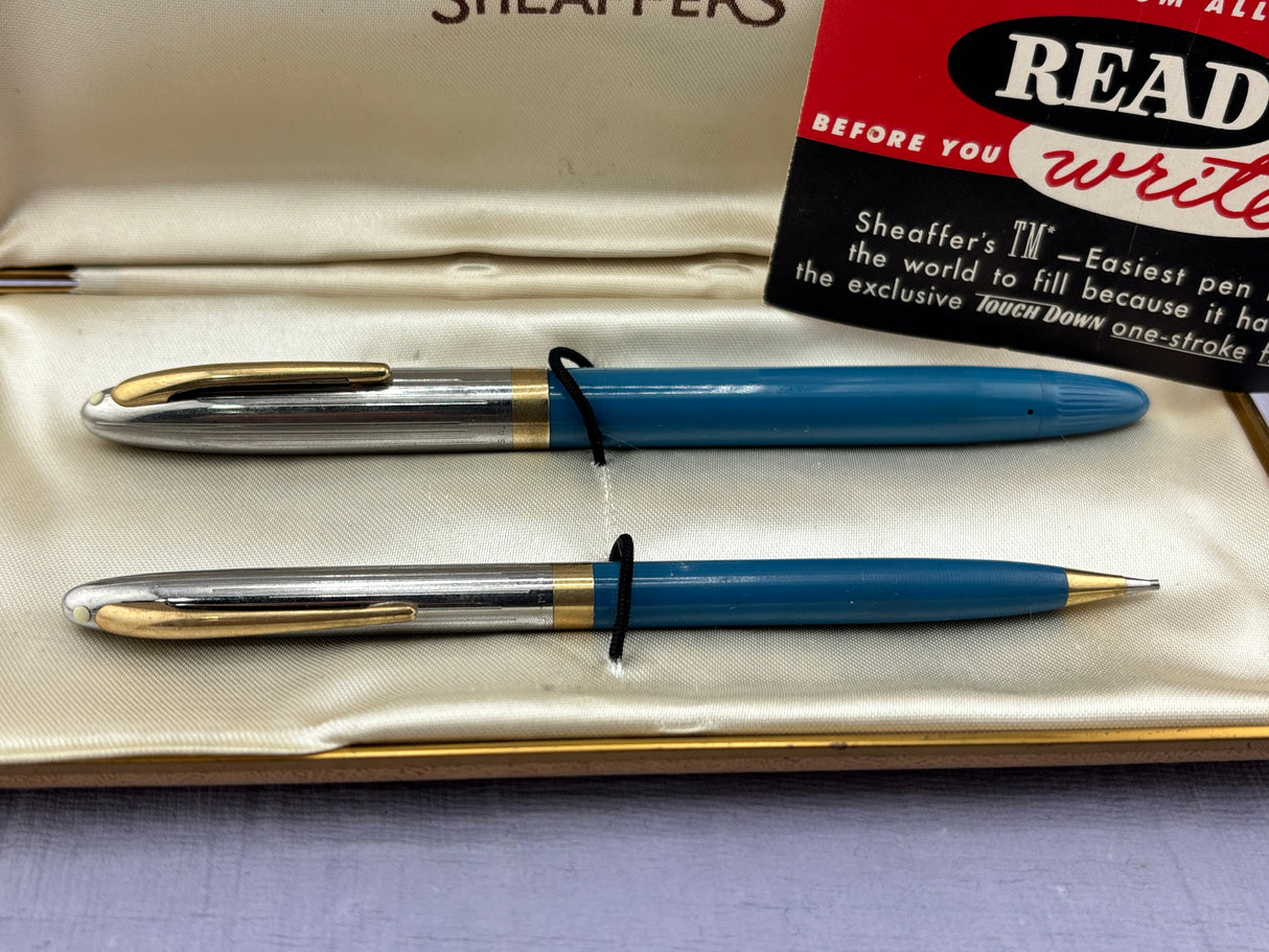Sheaffer Snorkel set Blue Chrome cap - New old stock and boxed