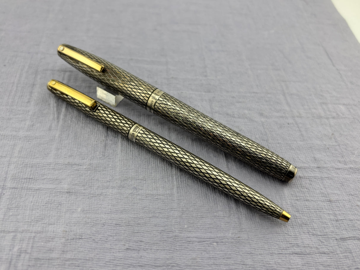 Sheaffer Imperial Set Sterling Silver 925 Crossed lines 14k Gold Nib rare double broad !!