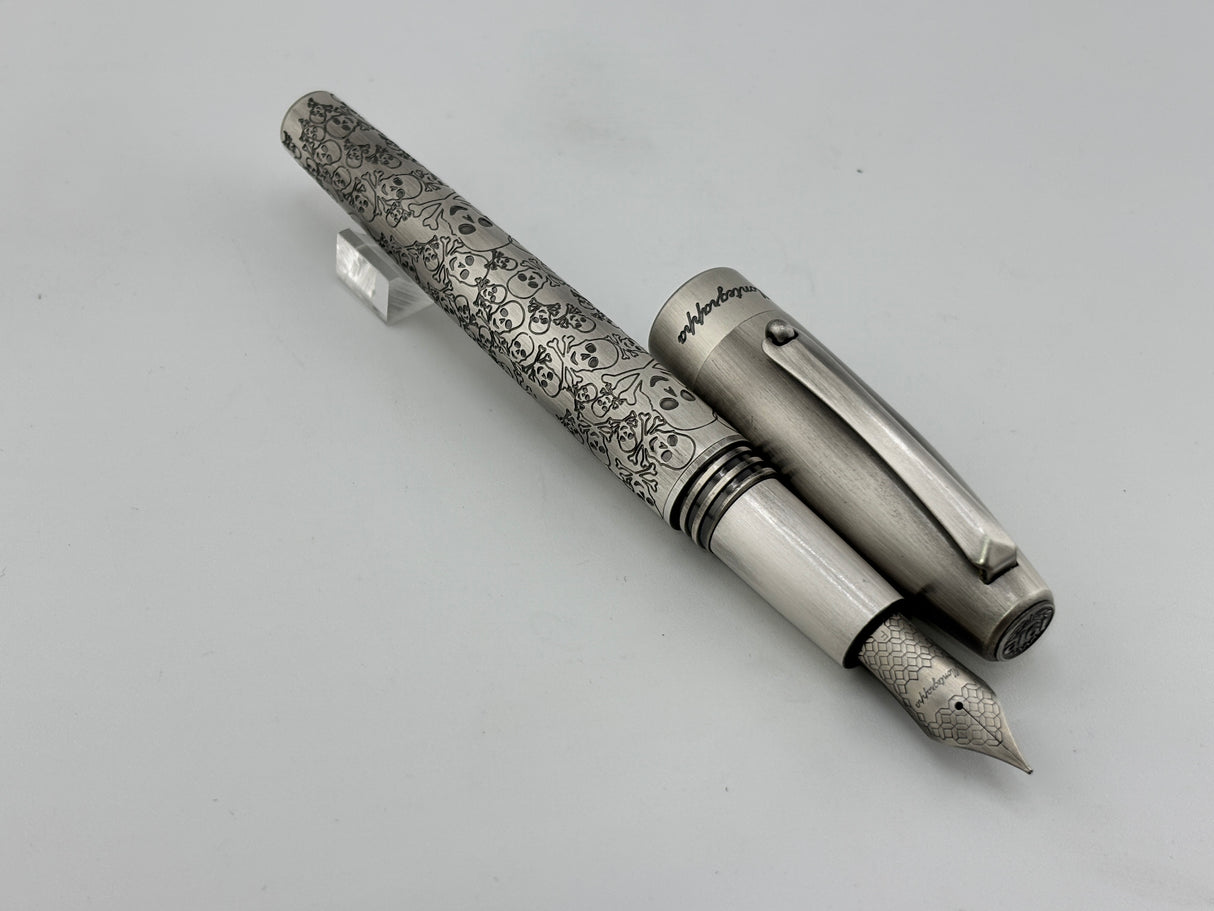 Montegrappa Fortuna Brushed Stainless Steel Skulls Fountain Pen - Fine Stainless Steel Nib