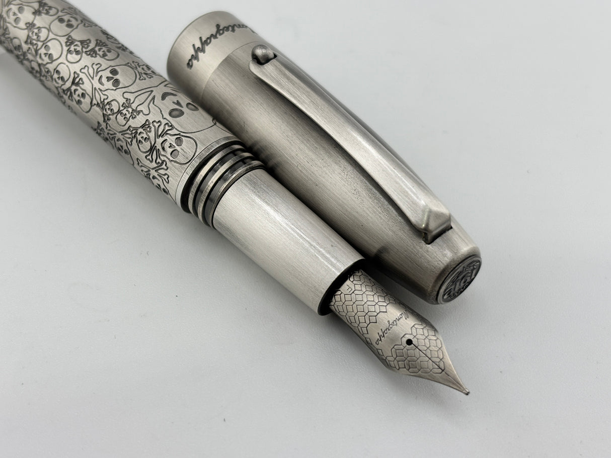 Montegrappa Fortuna Brushed Stainless Steel Skulls Fountain Pen - Fine Stainless Steel Nib