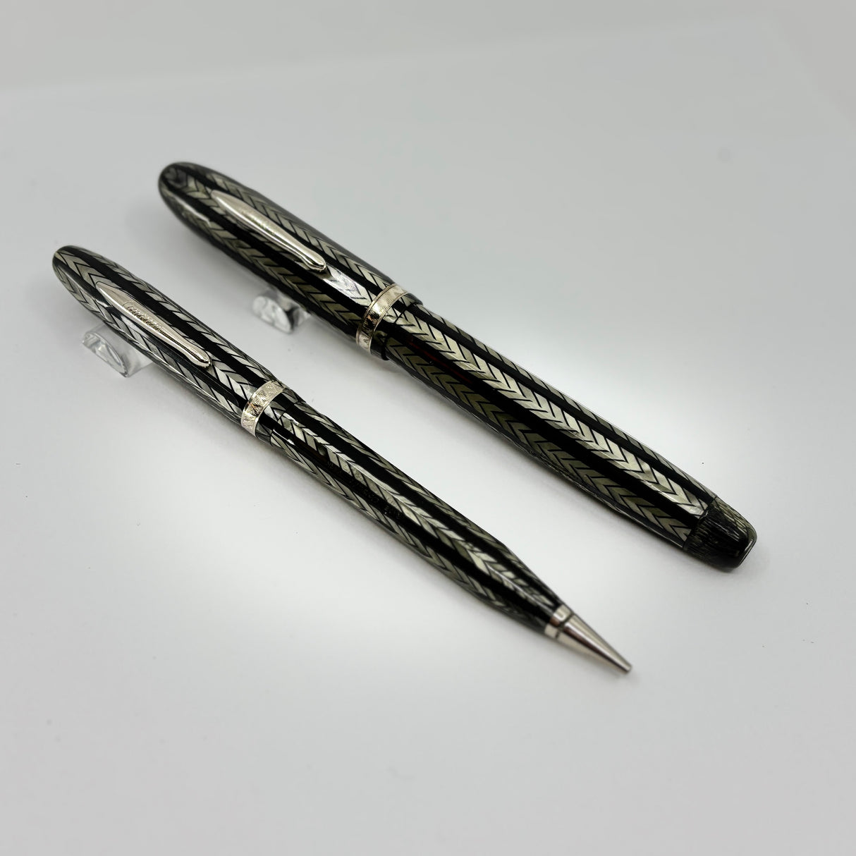 Conklin Largest Nozac SET Herringbone Grey/Black 7M Word Gauge Fountain Pen and Pencil - Circa 1935