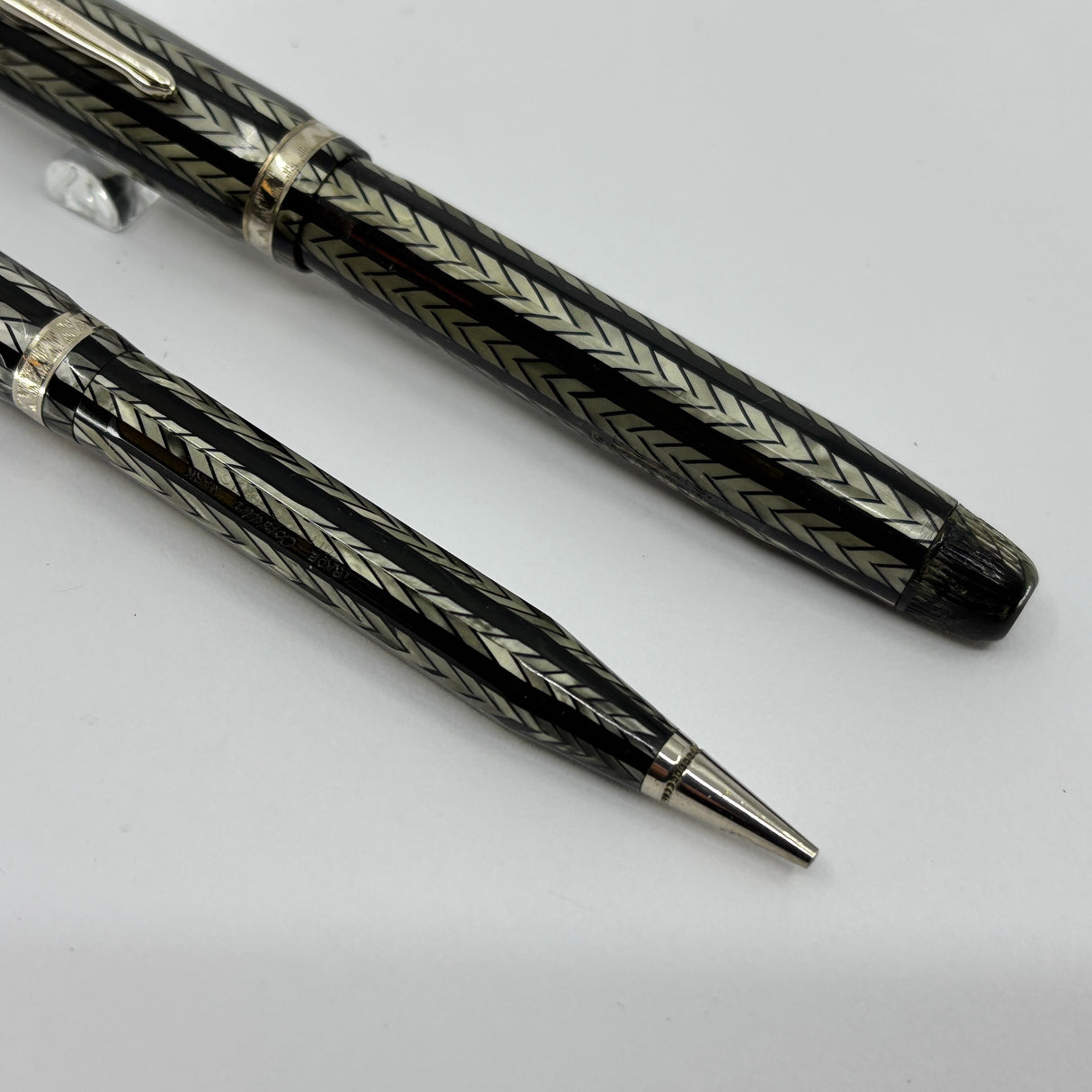 Conklin Largest Nozac SET Herringbone Grey/Black 7M Word Gauge Fountain Pen and Pencil - Circa 1935