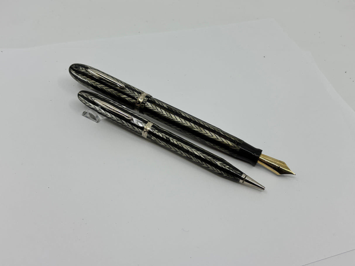 Conklin Largest Nozac SET Herringbone Grey/Black 7M Word Gauge Fountain Pen and Pencil - Circa 1935