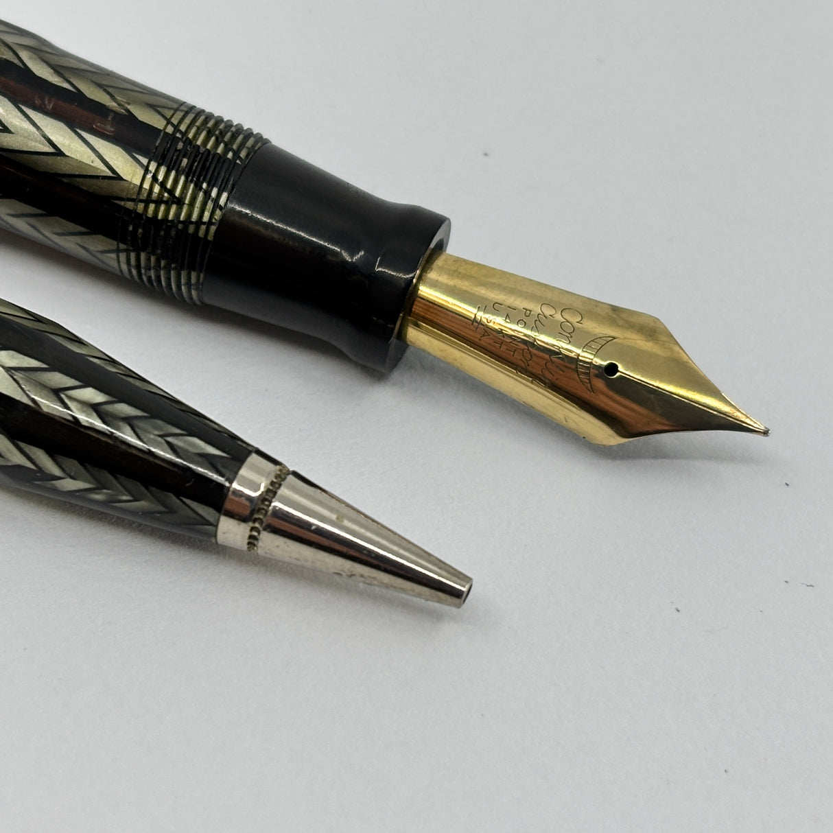 Conklin Largest Nozac SET Herringbone Grey/Black 7M Word Gauge Fountain Pen and Pencil - Circa 1935