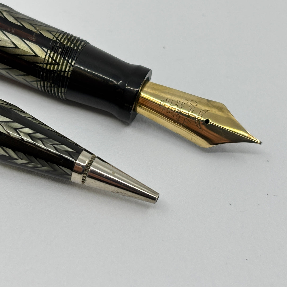 Conklin Largest Nozac SET Herringbone Grey/Black 7M Word Gauge Fountain Pen and Pencil - Circa 1935