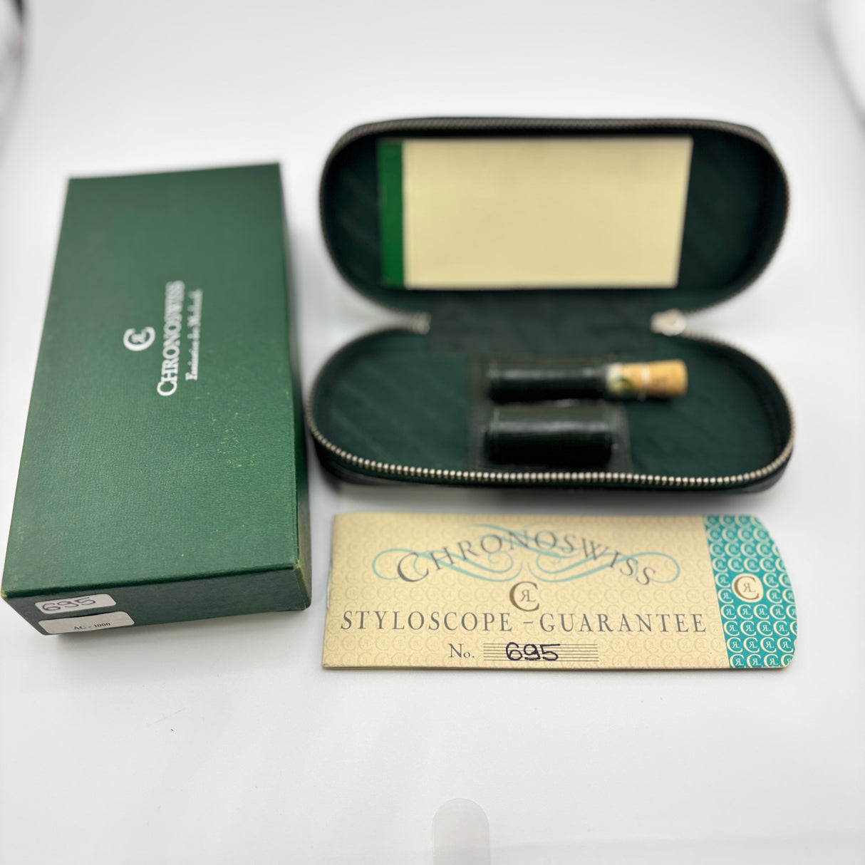 ChronoSwiss RARE Styloscope Green Transparent Limited Edition of 1000 Fountain Pens (M800 Size) Made by Pelikan - Medium 18kt Gold Nib with Additional OB 18kt Nib!! - All Original Packaging