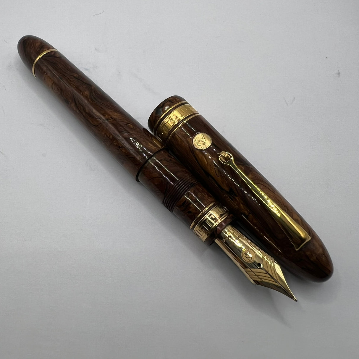 ASC (Armando Simoni Club) Ogiva Oversized Extra Art Nouveau Burl Celluloid Fountain Pen Ltd Ed  - Medium Magic Flex #8 Size 18kt Gold Nib