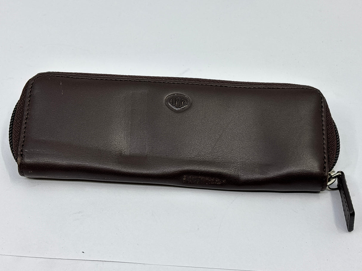 AURORA Beautiful Brown Leather pen case with zip - Hold 2 pens