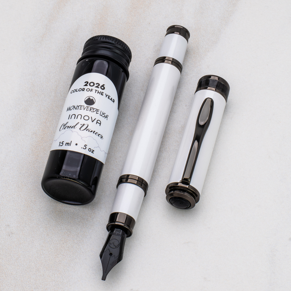 Monteverde USA Innova 2026 Color of The Year Cloud Dancer Fountain Pen Gunmetal Trim + Ink Collection