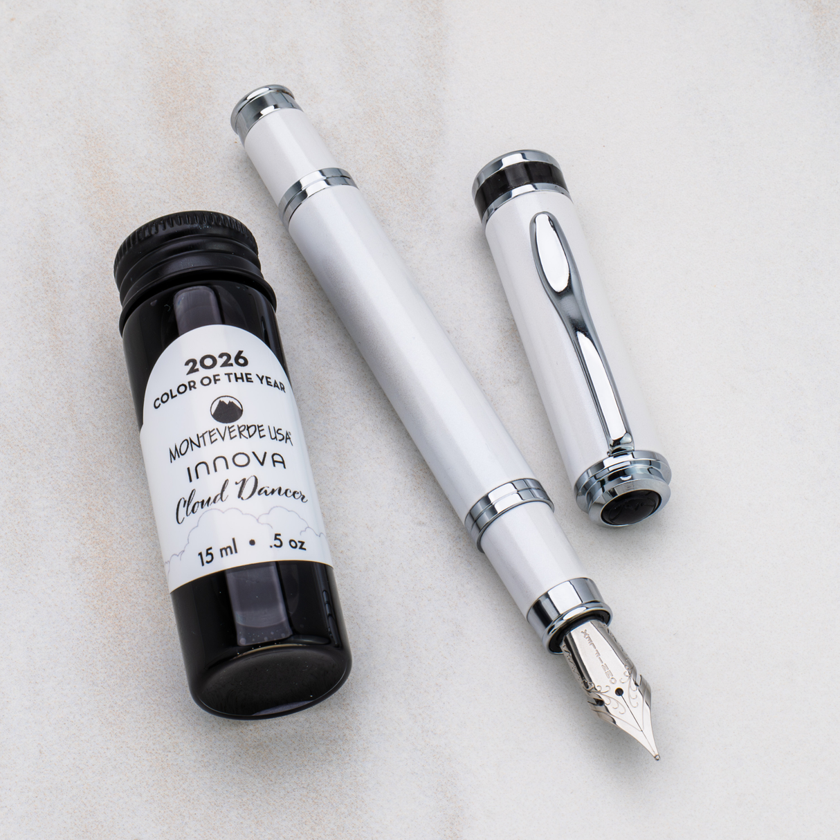 Monteverde USA Innova 2026 Color of The Year Cloud Dancer Fountain Pen Chrome Trim + Ink Collection
