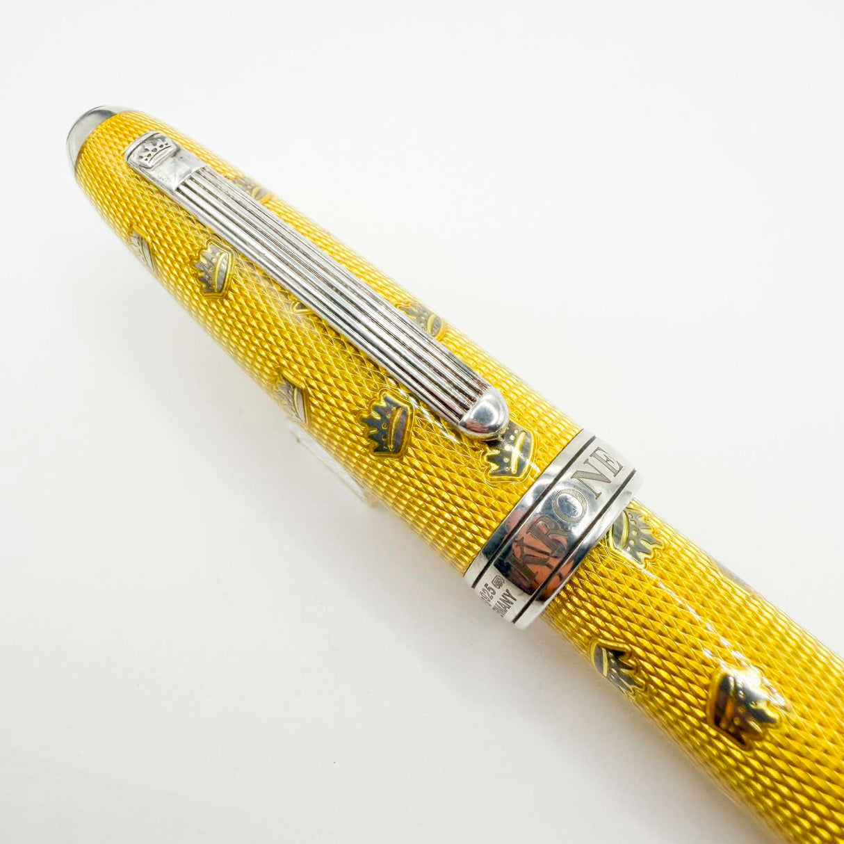 Krone Kronology Heavy Sterling Silver Oversized Rollerball - Translucent Yellow Enamel overlaying the Guilloched Sterling Silver Body plus Scattered Crowns Engraved