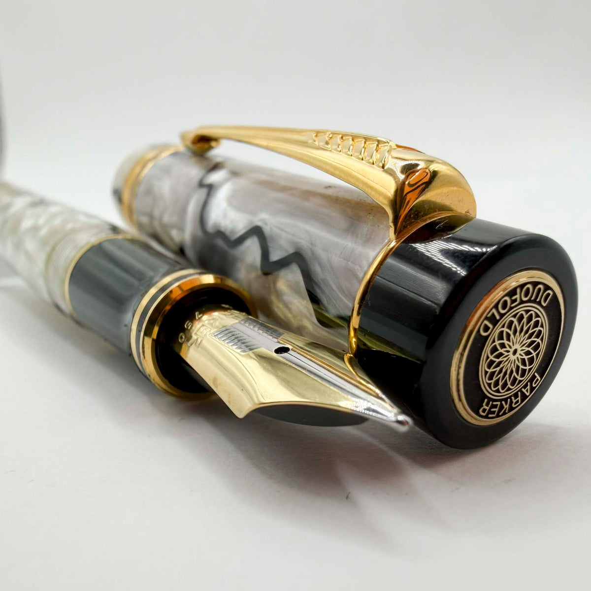 Parker Duofold Centennial (Largest Size) Lustrous Pearl & Black Fountain Pen - Medium 18kt Gold Nib