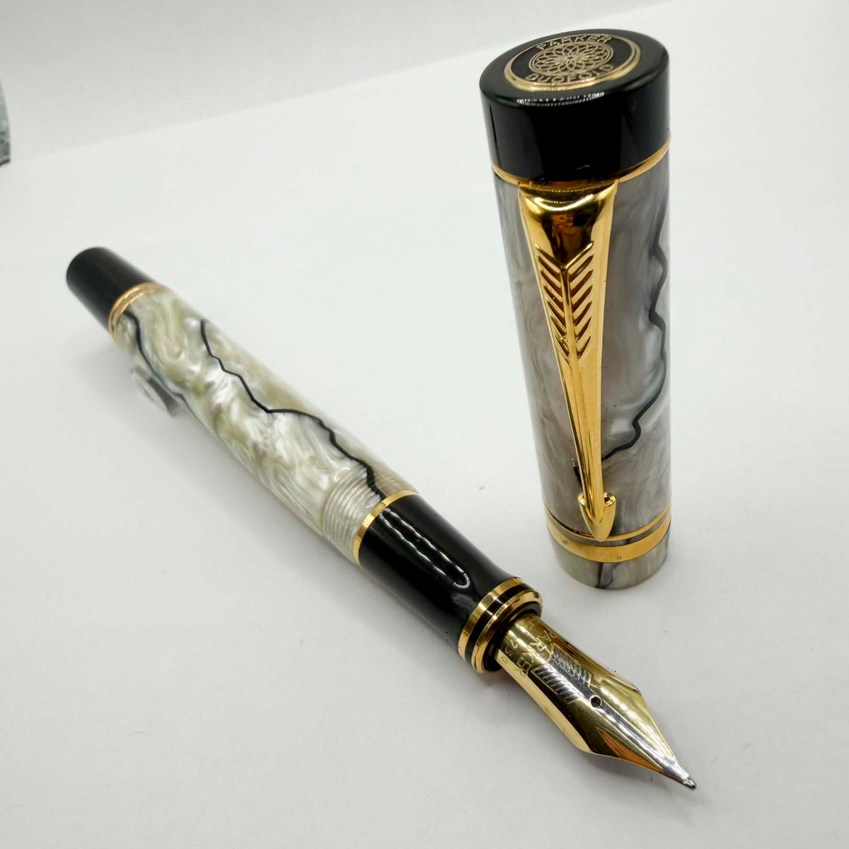 Parker Duofold Centennial (Largest Size) Lustrous Pearl & Black Fountain Pen - Medium 18kt Gold Nib