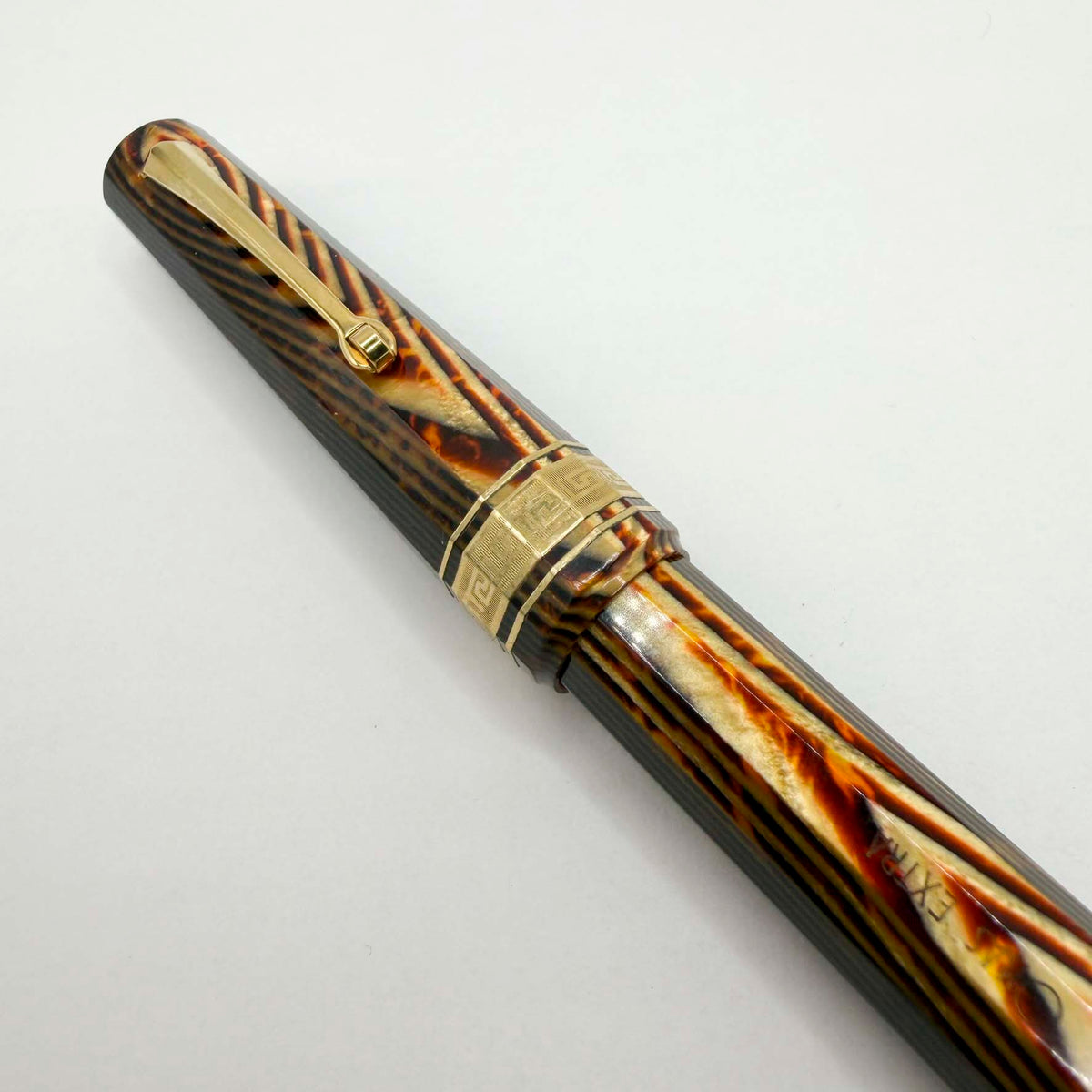 OMAS Paragon Extra/Original Body Style Facetted Arco Bronze Celluloid Fountain Pen in EXQUISITE ULTRA RARE SPINA/FISHBONE PATTERN - Fine 18kt Gold Nib - Factory Dated 1992 on Grip Section