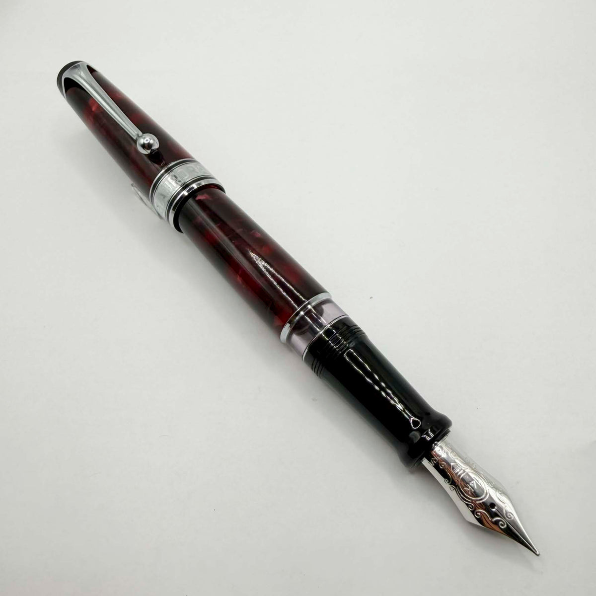 Aurora Optima Marbled Burgundy Auroloide Fountain Pen - Fine 14kt Gold Nib