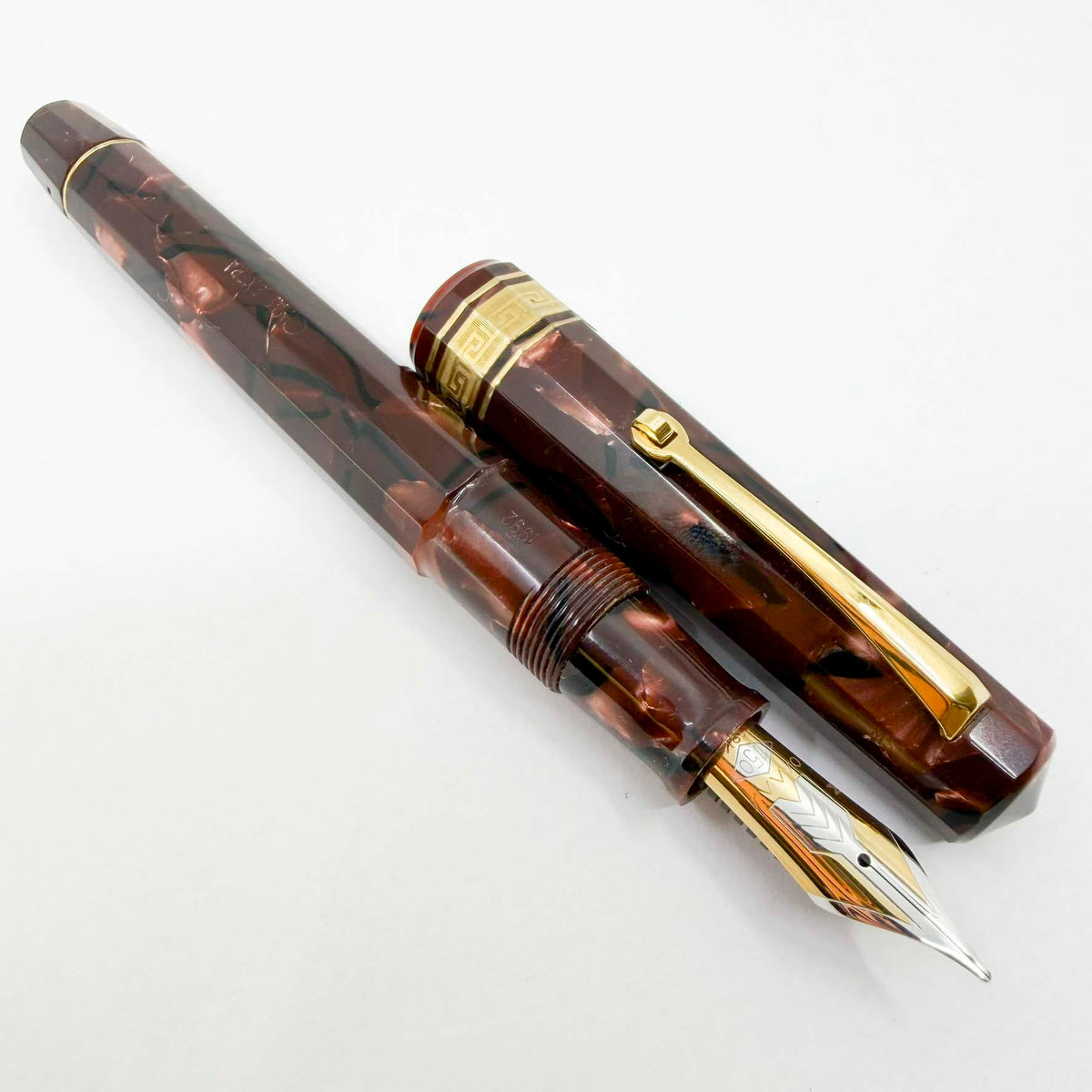 OMAS Paragon "Scarlet Red" (Marble Burgundy) Celluloid Fountain Pen - Medium 18kt Gold Nib (1992)