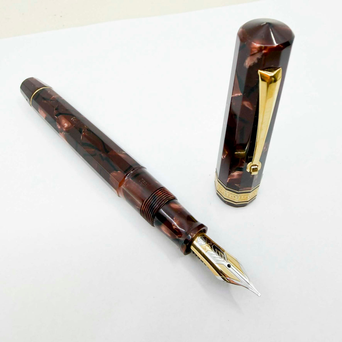 OMAS Paragon "Scarlet Red" (Marble Burgundy) Celluloid Fountain Pen - Medium 18kt Gold Nib (1992)
