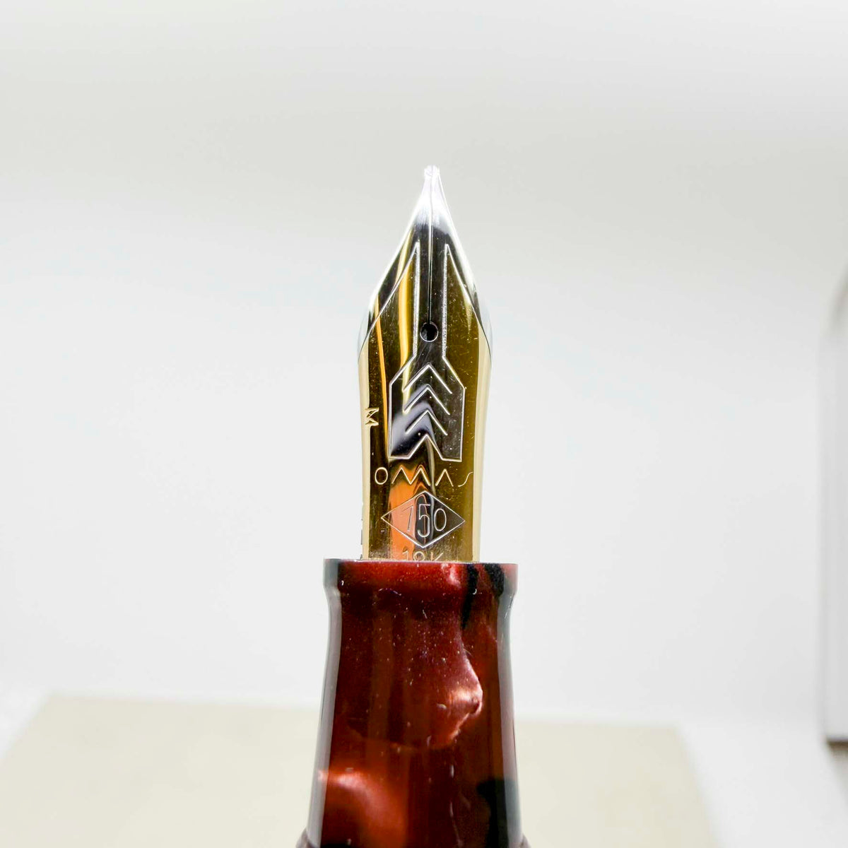 OMAS Paragon "Scarlet Red" (Marble Burgundy) Celluloid Fountain Pen - Medium 18kt Gold Nib (1992)