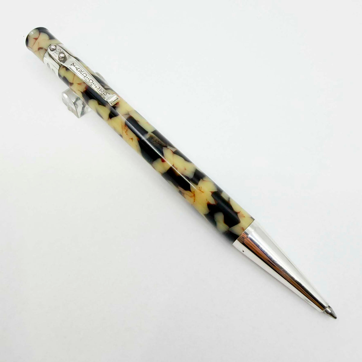 Yard-o-Led Astoria Marbled Cream & Ebony Ballpoint Pen - Sterling Silver Clip & Trim