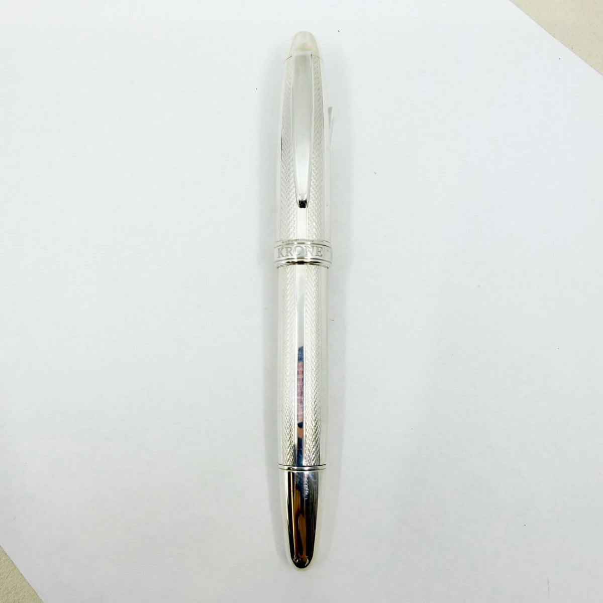 Krone Sterling Silver Large Fountain Pen - Alternating Smooth & Barleycorn Panels - Fine 18kt Gold Nib