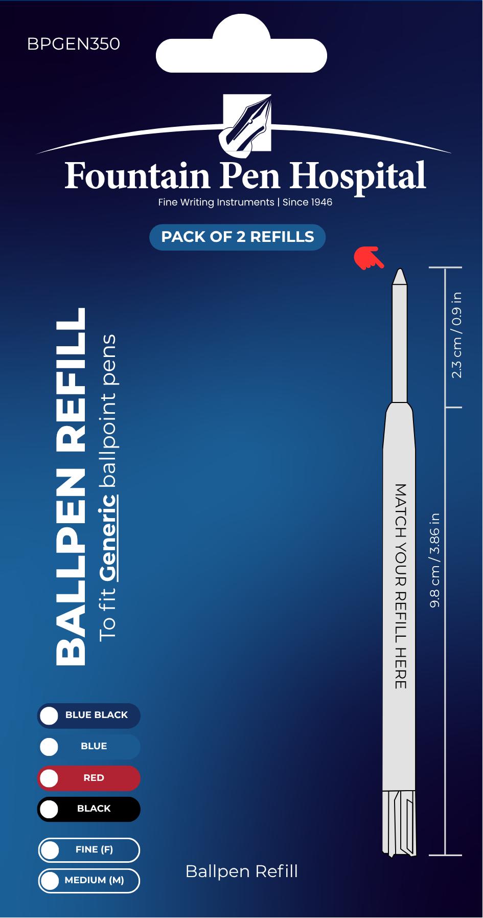 Ballpoint Refill by FPH - Fits Most Ballpoint Pens - Parker Type (Pack of 2)