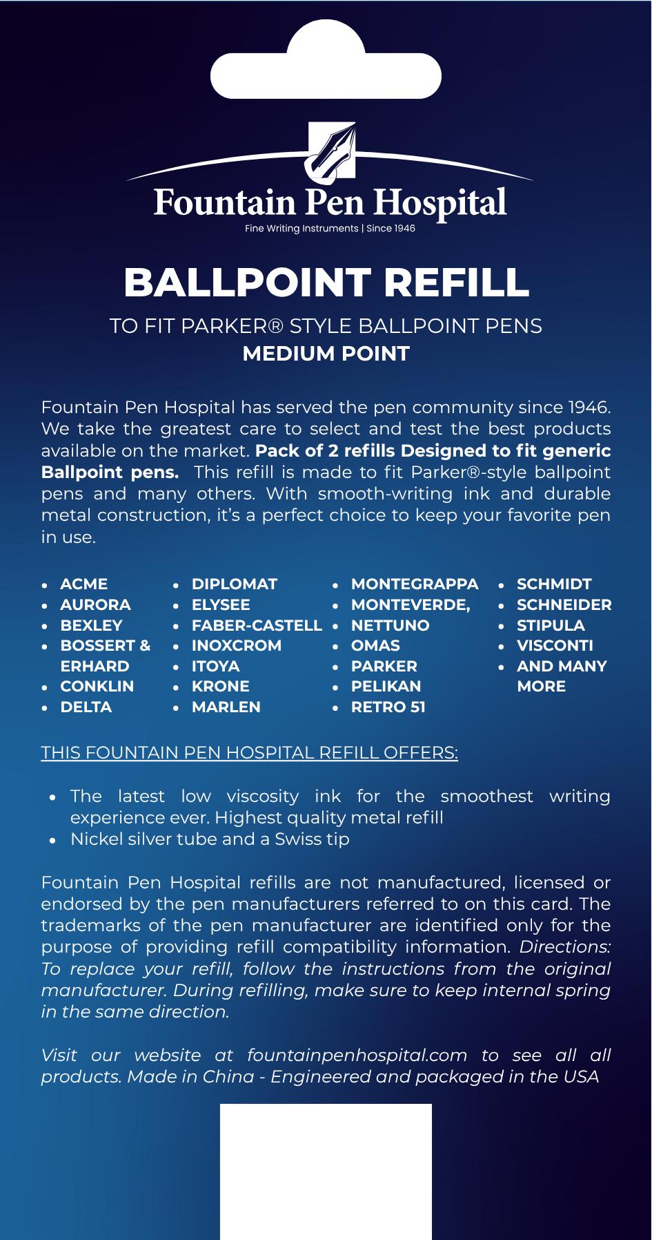 Ballpoint Refill by FPH - Fits Most Ballpoint Pens - Parker Type (Pack of 2)