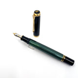 Pelikan M600 Fountain Pen - Black Cap/Green Striped Barrel - Fine 14kt Gold Nib