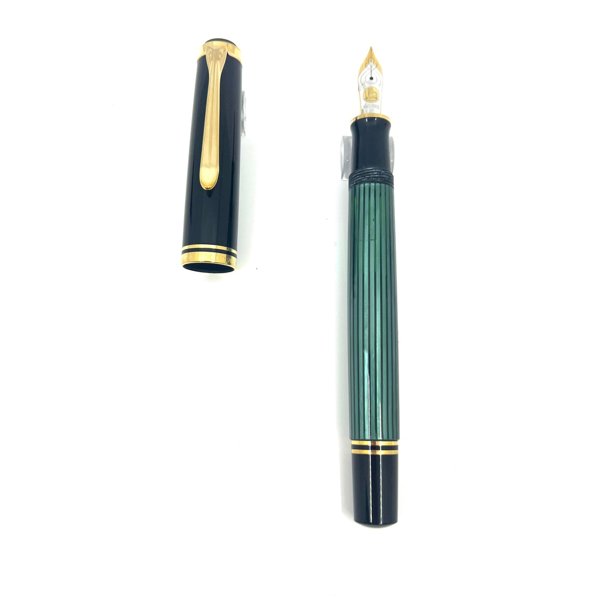 Pelikan M600 Fountain Pen - Black Cap/Green Striped Barrel - Fine 14kt Gold Nib