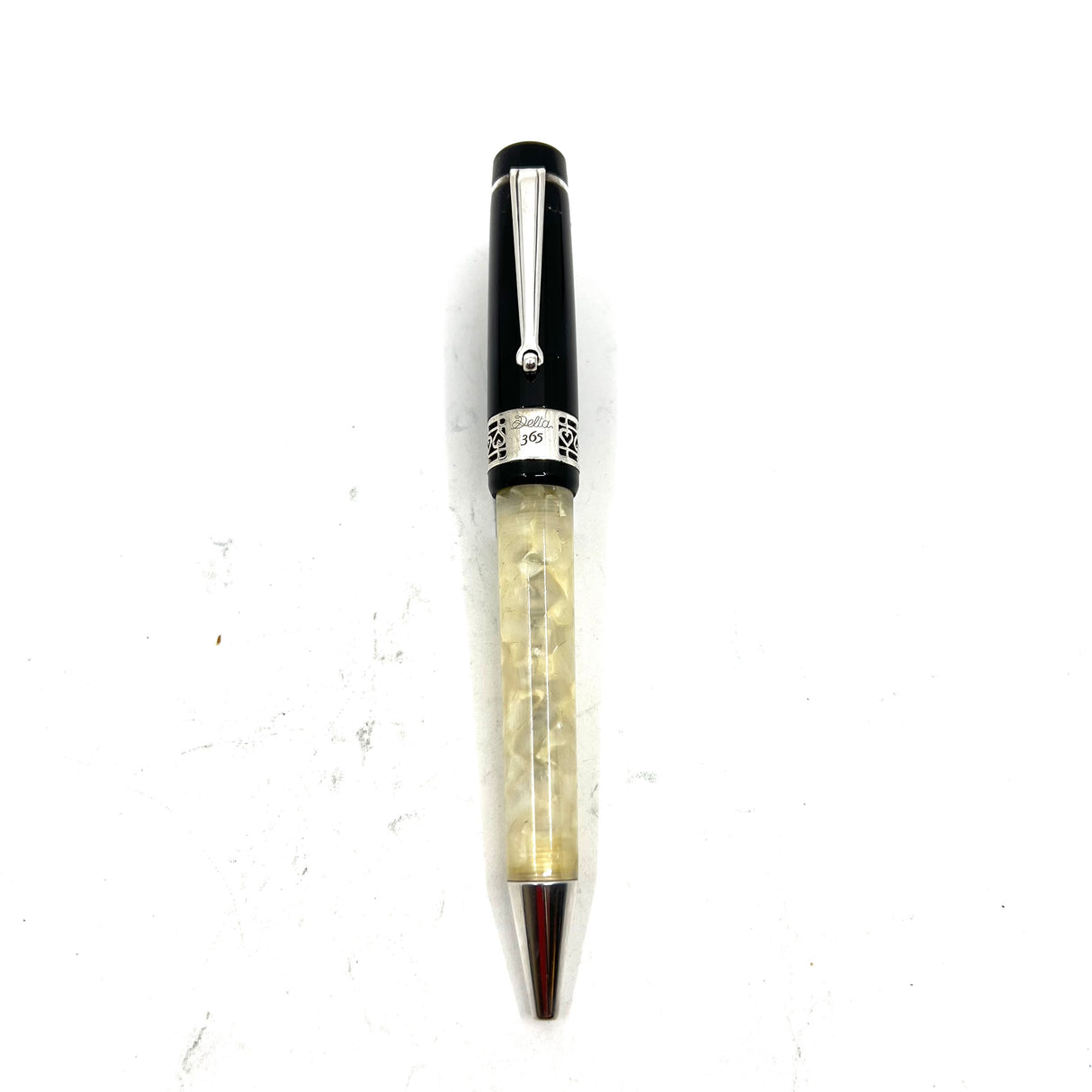 Delta #365 Ballpoint Pen - Lustrous White Marbled Barrel/Black  Cap