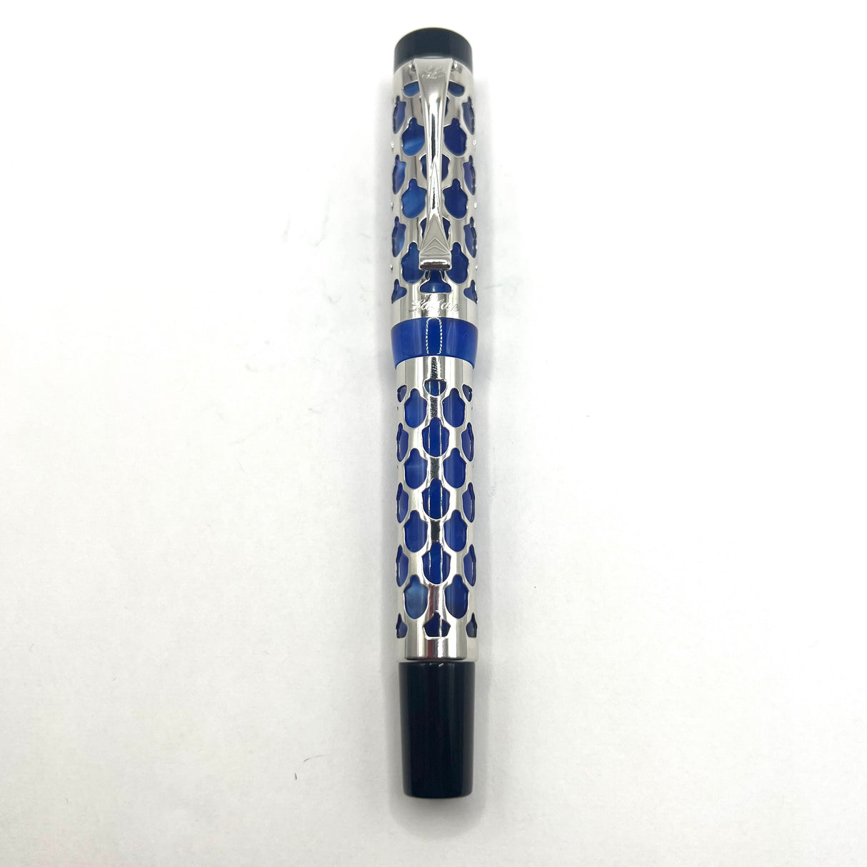 Laban Sterling Silver Filigree over Lustrous Blue Marble Resin Fountain Pen - Broad Gold-Plated & Steel Nib