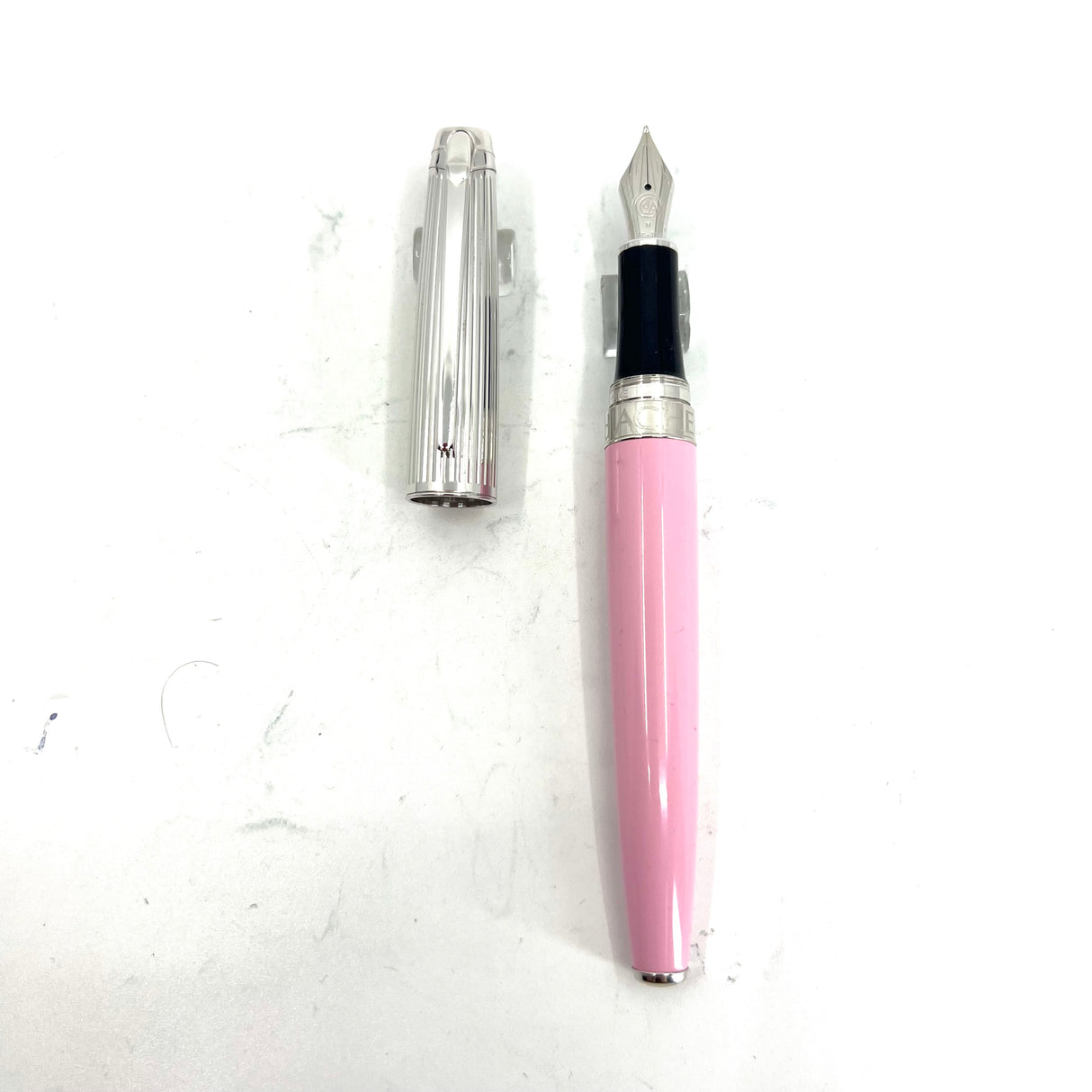 Caran D'ache LeMan Bi-Coleur Fountain Pen - Rhodium Plated Fluted Cap/Pink Lacquered Barrel