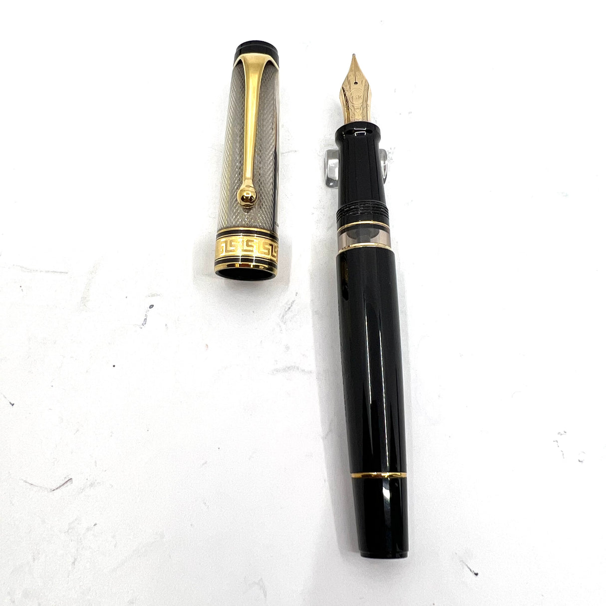 Aurora Optima Black Resin/Sterling Silver Guilloche Cap Fountain  Pen