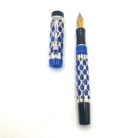 Laban Sterling Silver Filigree over Lustrous Blue Marble Resin Fountain Pen - Broad Gold-Plated & Steel Nib