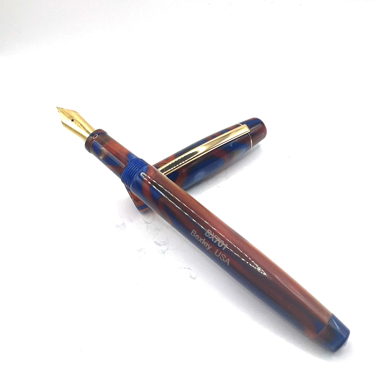 Bexley BX701  Lustrous Blue & Amber Swirl Fountain Pen   - Medium Gold-Plated Nib