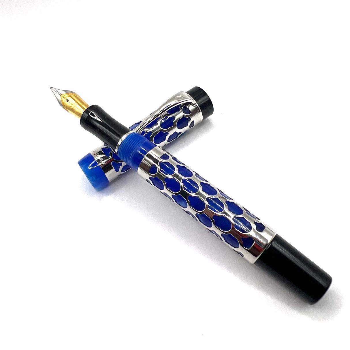 Laban Sterling Silver Filigree over Lustrous Blue Marble Resin Fountain Pen - Broad Gold-Plated & Steel Nib